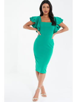 Quiz Clothing - Jade Green Scuba Square Neck Frill Midi Dress