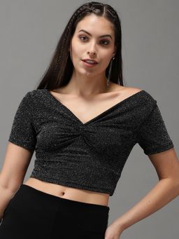 SHOWOFF - Womens V-neck Black Fitted Crop Top