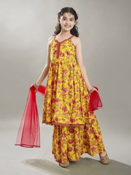 BITIYA BY BHAMA - Girls Yellow Cotton Kurta With Sharara & Dupatta