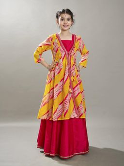 BITIYA BY BHAMA - Girls Yellow & Pink Lehariya Ready To Wear Lehenga With Kurta