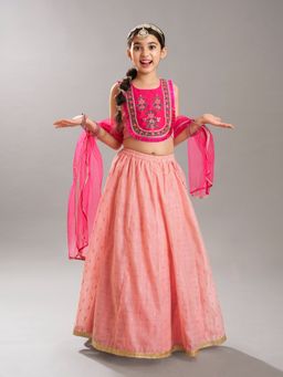 BITIYA BY BHAMA - Girls Peach With Embroidered Yoke Choli, Lehenga With Dupatta