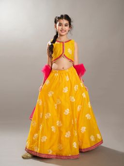 BITIYA BY BHAMA - Girls Yellow Jacquard Ready To Wear Lehenga & Choli With Dupatta