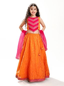 BITIYA BY BHAMA - Girls Orange With Ready To Wear Lehenga & Choli With Dupatta