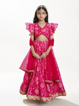 BITIYA BY BHAMA - Girls Pink Bandhej Ready To Wear Lehenga With Choli & Dupatta
