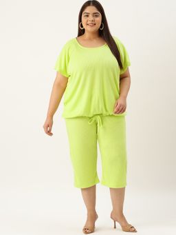 theRebelinme - Plus Size Women's Lime Solid Color Cotton Top With Capri (Set of 2)