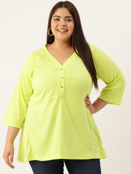 theRebelinme - Plus Size Women's Lime Solid Color Cotton V-neck Top