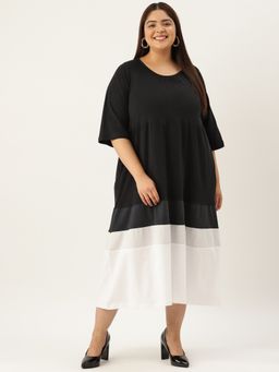 theRebelinme - Plus Size Women's Black & White Color Blocked Cotton Dress