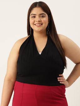 theRebelinme - Plus Size Women's Black Solid Color Cotton Knitted Cropped Top