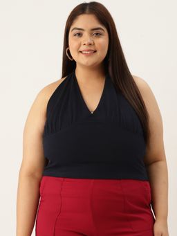 theRebelinme - Plus Size Women's Navy Blue Solid Color Cotton Knitted Cropped Top