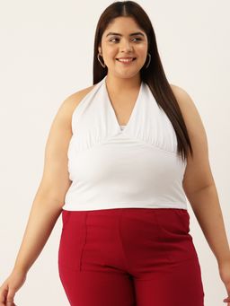 theRebelinme - Plus Size Women's White Solid Color Cotton Knitted Cropped Top