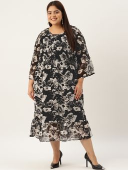 theRebelinme - Plus Size Women's Black Rose Printed Smocked Georgette A-line Midi Dress