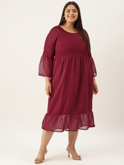 theRebelinme - Plus Size Women's Maroon Solid Color Smocked Georgette A-line Midi Dress