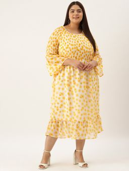 theRebelinme - Plus Size Women's Yellow Floral Printed Georgette A-line Midi Dress