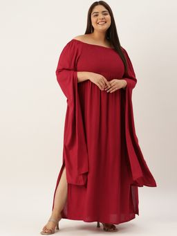theRebelinme - Plus Size Women's Maroon Solid Color Extended Sleeve Maxi Dress