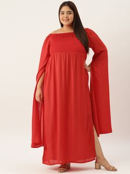 theRebelinme - Plus Size Women's Red Solid Color Extended Sleeve Maxi Dress