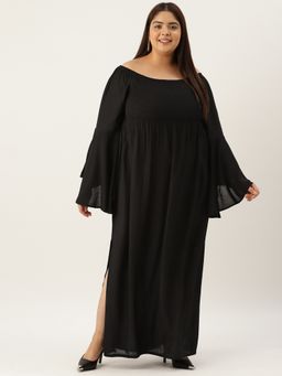 theRebelinme - Plus Size Women's Black Solid Color Off-shoulder Smocked Maxi Dress