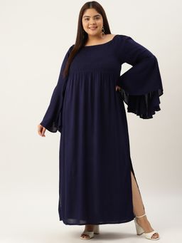 theRebelinme - Plus Size Women's Navy Blue Solid Color Off-shoulder Smocked Maxi Dress