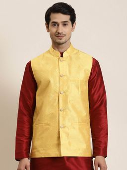 SOJANYA - Men Jacquard Silk Yellow & Gold Self Design Nehru Jacket