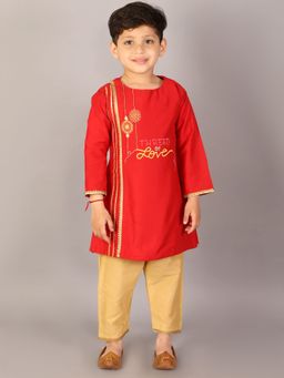 The Little Tales - Red Embroidered Kurta and Pyjama (Set of 2)