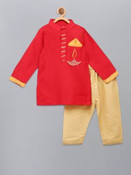The Little Tales - Red Embroidered Kurta and Pyjama (Set of 2)