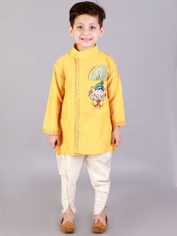 The Little Tales - Yellow Embroidered Kurta and Dhoti (Set of 2)