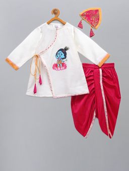 The Little Tales - White Embroidered Kurta with Dhoti and Mukut (Set of 3)