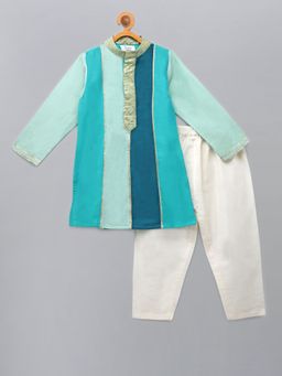 The Little Tales - Green Colorblock Kurta and Pyjama (Set of 2)