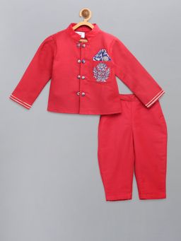 The Little Tales - Red Solid Jacket and Pant (Set of 2)