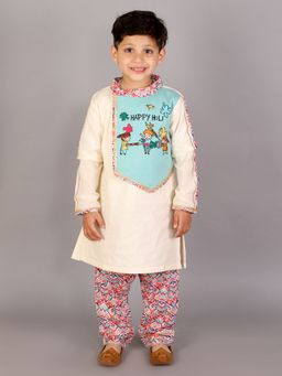The Little Tales - Off White Printed Kurta and Pyjama (Set of 2)