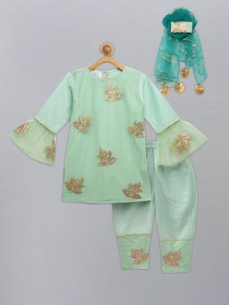 The Little Tales - Green Embroidered Kurta with Pant and Dupatta (Set of 3)