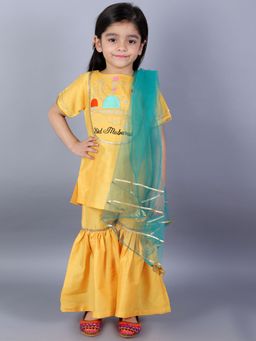The Little Tales - Mustard Embroidered Kurta with Sharara and Dupatta (Set of 3)