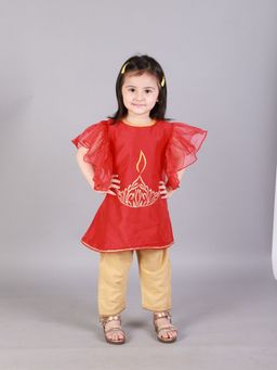 The Little Tales - Red Embroidered Kurta and Pant (Set of 2)