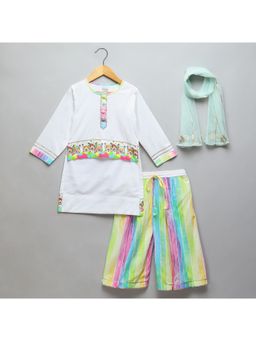 The Little Tales - Off White Printed Kurta with Palazzo and Dupatta (Set of 3)