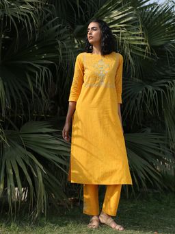 Okhai - Yellow Maple Sand Hand Embroidered Mirror Work Pure Cotton Kurta Pant (Set of 2)