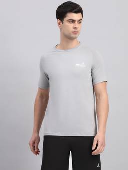 Fitleasure - Grey Quick-Dry Cotton-Poly Raglan Sleeve Round-Neck Sports T-Shirt
