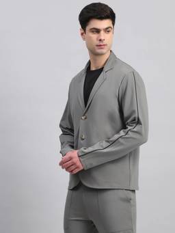 Fitleasure - Men Grey Tencel Spandex Solid Blazer