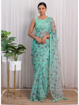 Label Kanupriya - Wildflower Blue Organza Saree with Unstitched Blouse