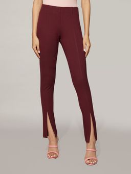 Twenty Dresses by Nykaa Fashion - Basics Wine Solid Front Slit Fitted Jeggings