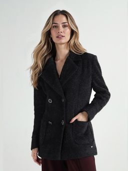 ELLE - Women Black Solid Lapel Collar Overcoat