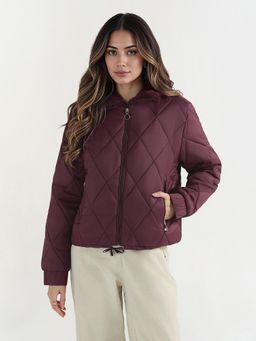 ELLE - Women Maroon Solid Fur Collar Jacket