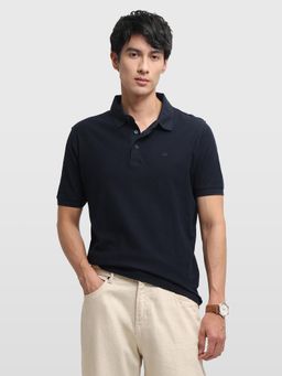 Arrow - Men Navy Blue Self-Designed Polo T-Shirt