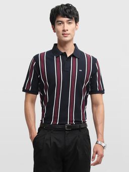 Arrow Sports - Men Black and Maroon Vertical Striped Polo T-Shirt