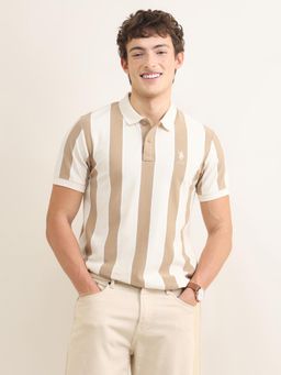 U.S. POLO ASSN. - Men White and Beige Sotogrande Vertical Striped Polo T-Shirt