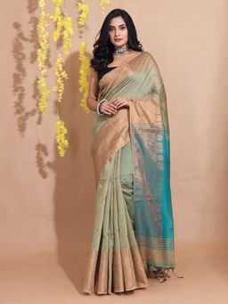 CHARUKRITI - Beige Cotton Blend Handwoven Zari Motifs & Floral Borders Saree with Unstitched Blouse