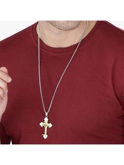 Yellow Chimes - Men Silver-Toned Rhodium Plated Cross Mark Pendant with Chain