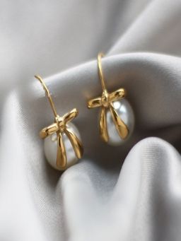 AQUASTREET - Bow And Pearl Ear Hook Earrings 18K Gold Plated Waterproof Anti-Tarnish
