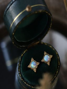 AQUASTREET - Round Opal Blue Stud Earrings 18K Gold Plated Waterproof Anti-Tarnish