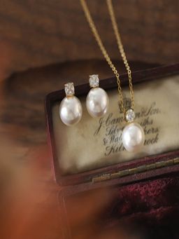 AQUASTREET - Zircon And White Pearl Necklace Earrings Set 18K Plated Waterproof Anti-Tarnish