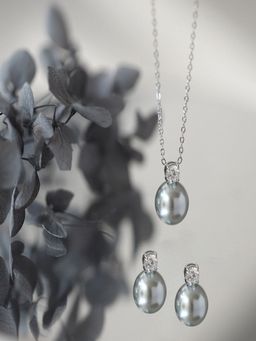 AQUASTREET - Zircon And Grey Pearl Necklace Earrings Set 18K Plated Waterproof Anti-Tarnish
