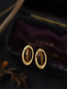 AQUASTREET - Tigers Eye Oval Stud Earrings 18K Gold Plated Waterproof Anti-Tarnish